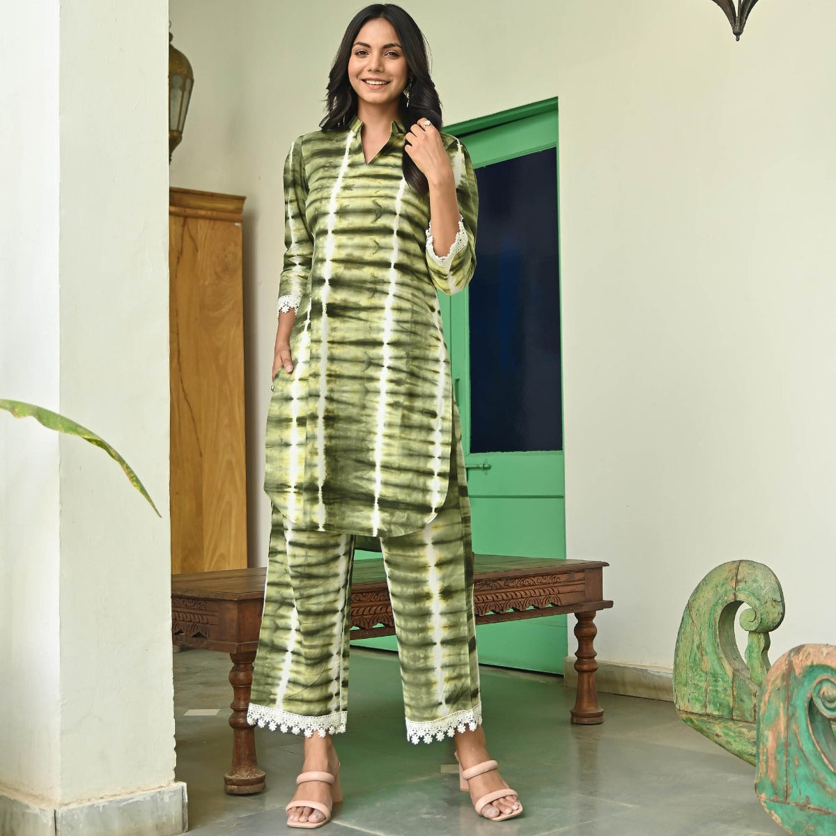 Olive Green Shibori Kurta Set