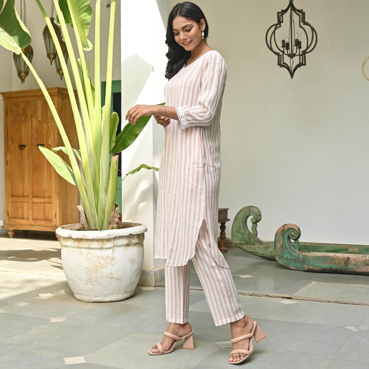 Peach Striped Kurta Set