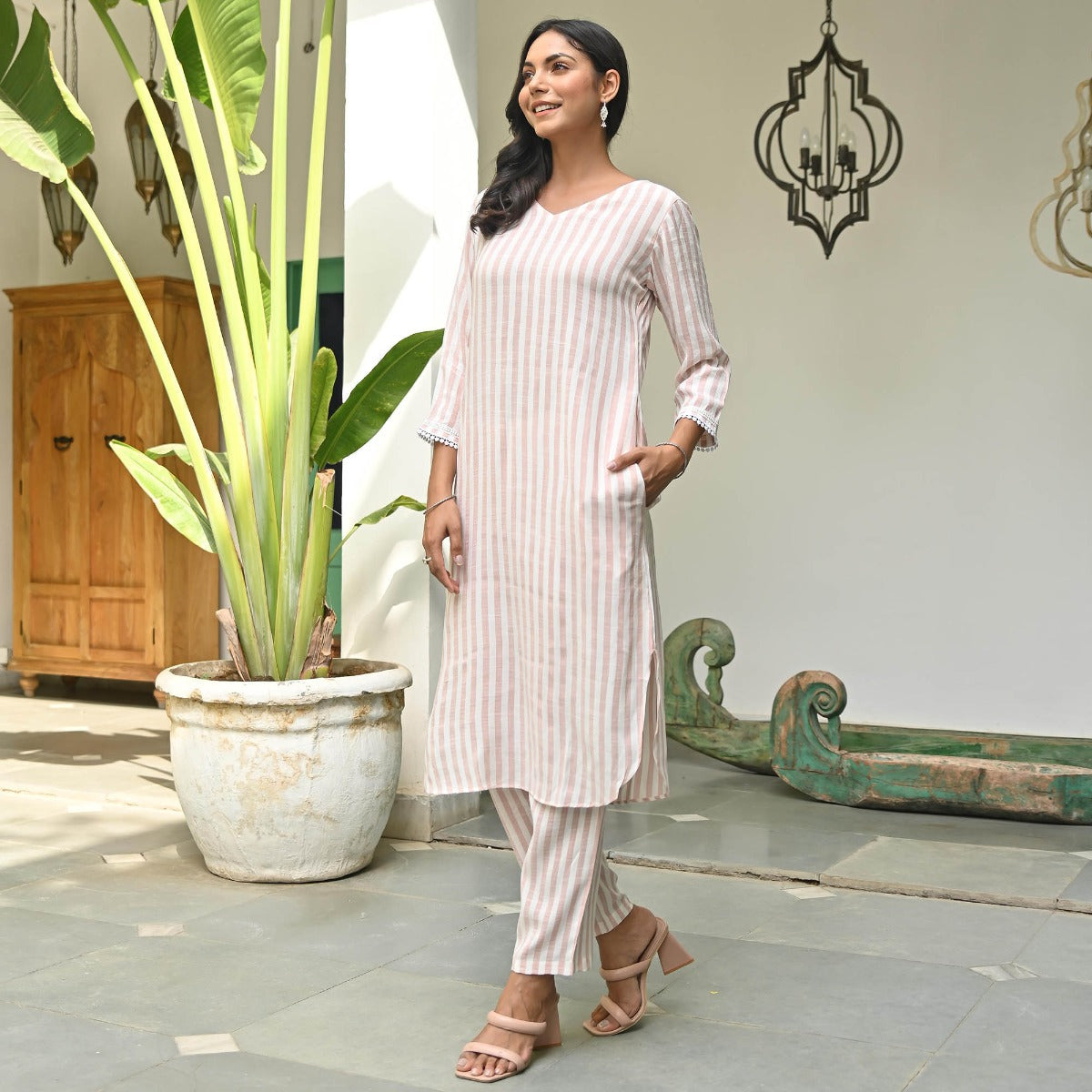 Peach Striped Kurta Set