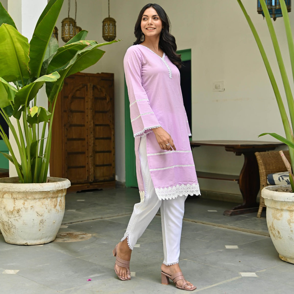 Purple Cotton Kurta With Dhoti Pants