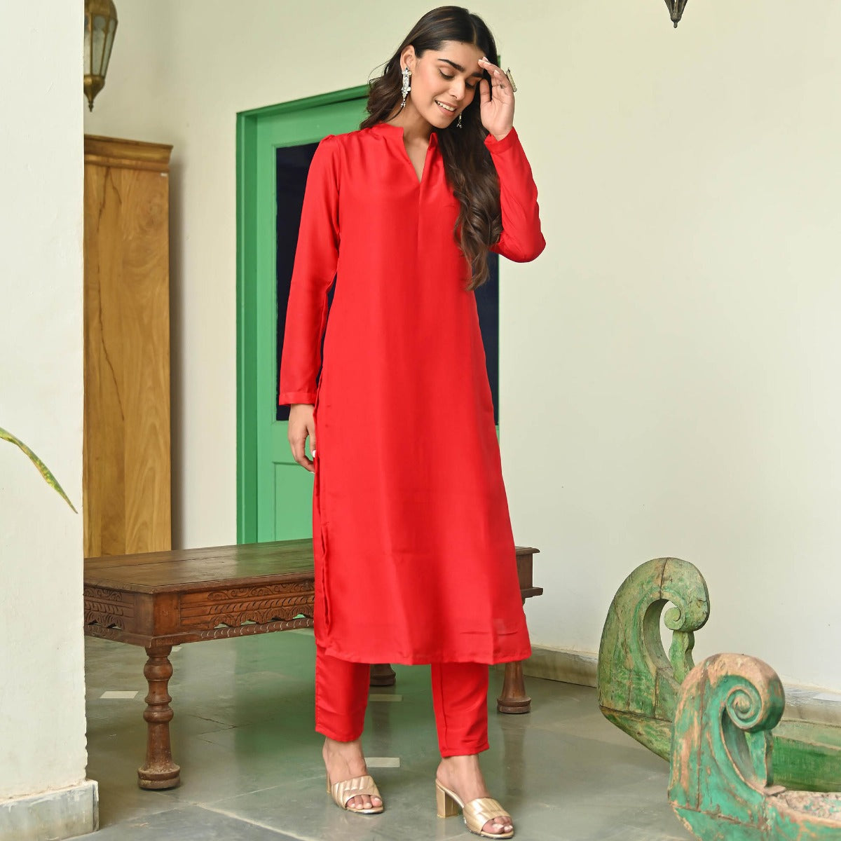 Red Silk Straight Kurta Set