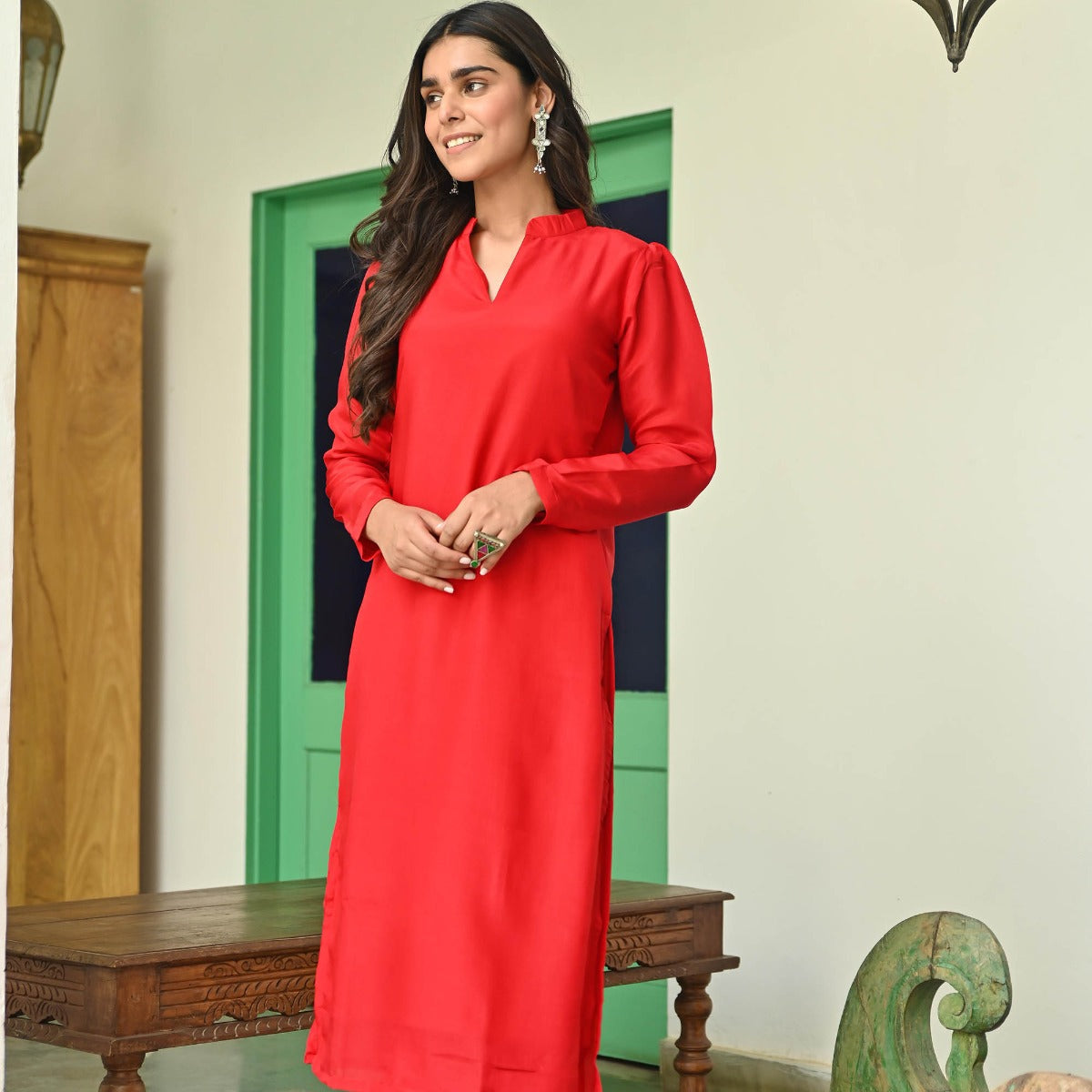 Red Silk Straight Kurta Set