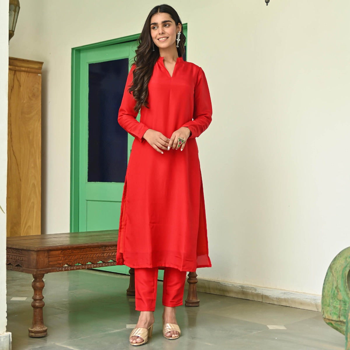 Red Silk Straight Kurta Set