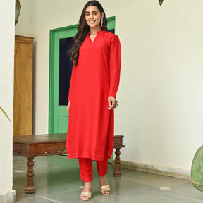 Red Silk Straight Kurta Set