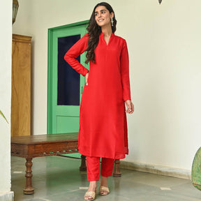 Red Silk Straight Kurta Set