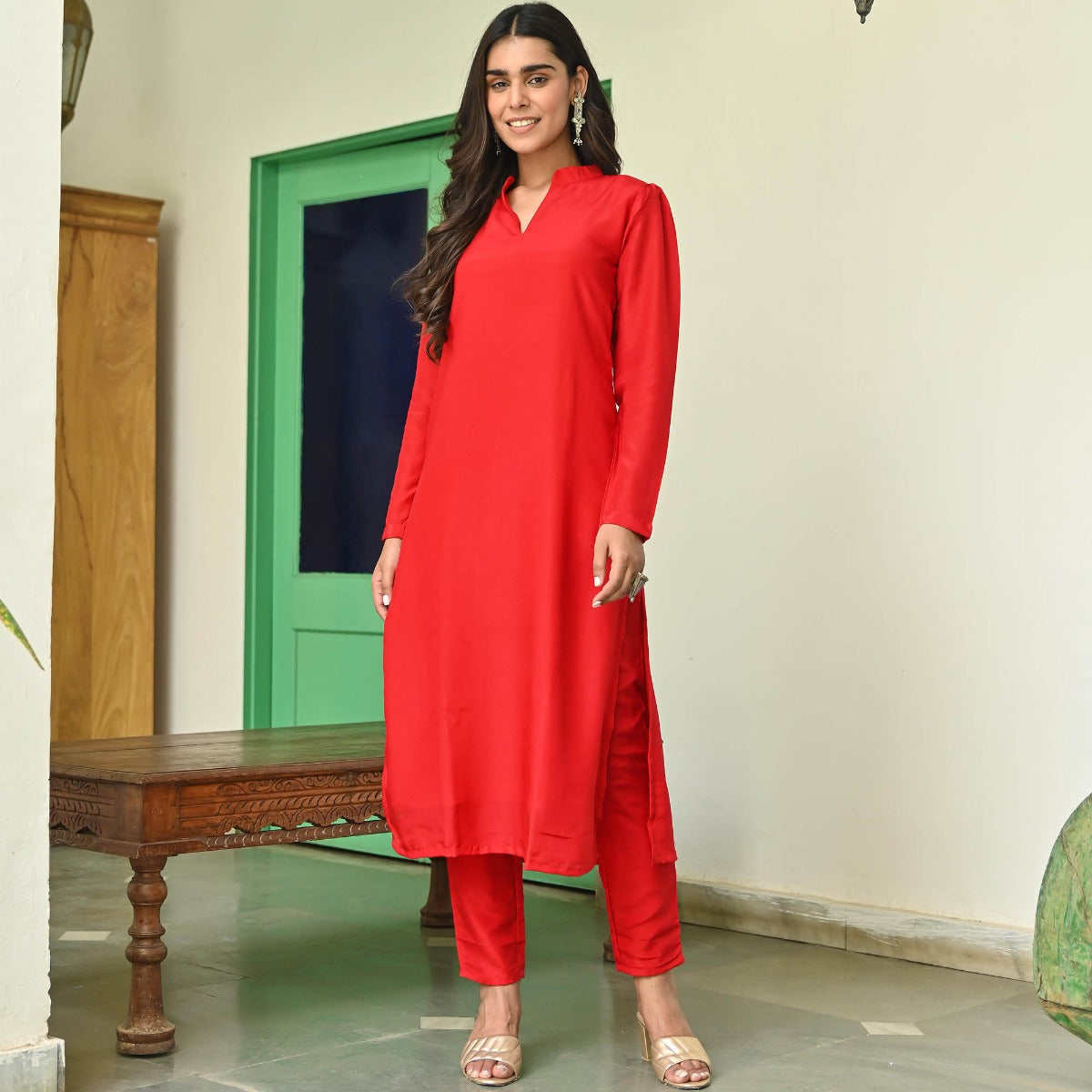 Red Silk Straight Kurta Set