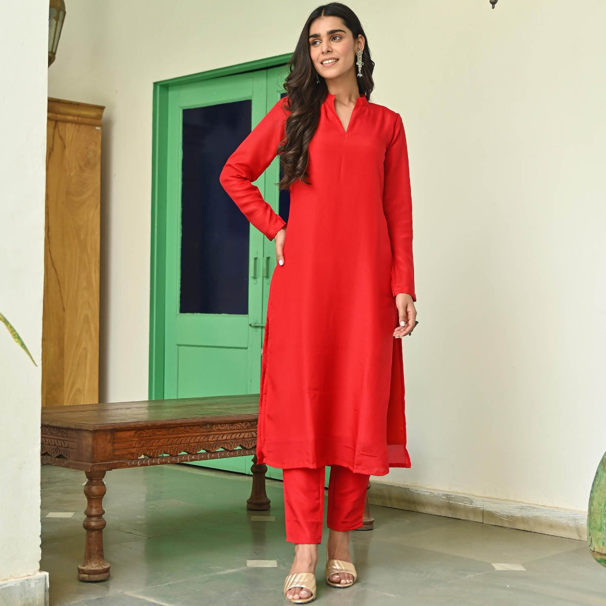 Red Silk Straight Kurta Set