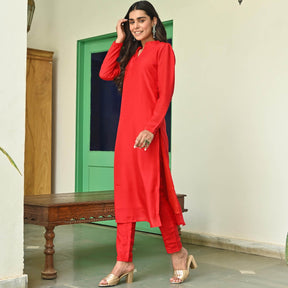 Red Silk Straight Kurta Set