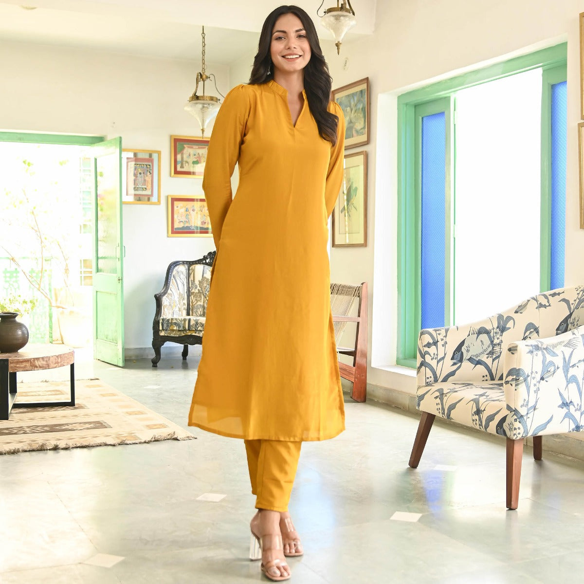 Mustard Yellow Silk Straight Kurta Set