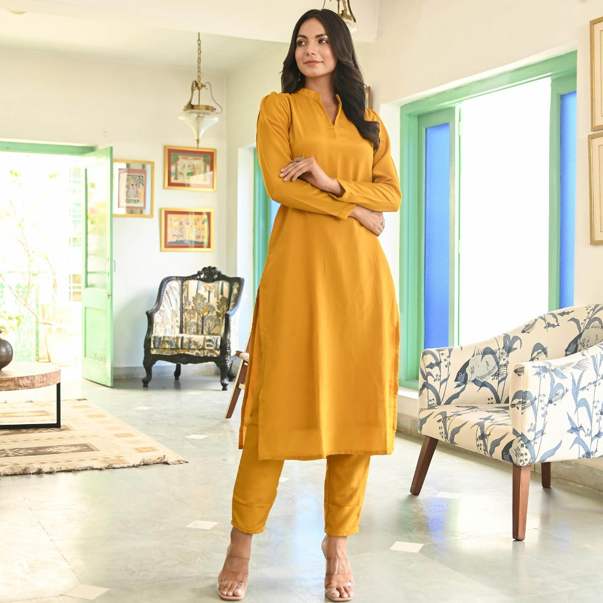 Mustard Yellow Silk Straight Kurta Set