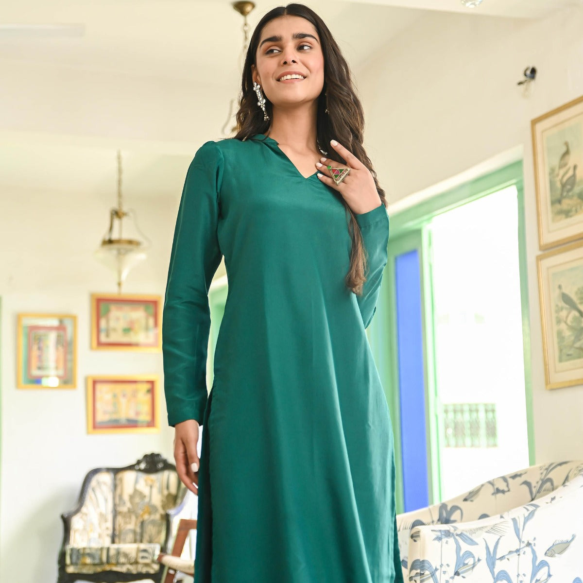 Green Silk Straight Kurta Set