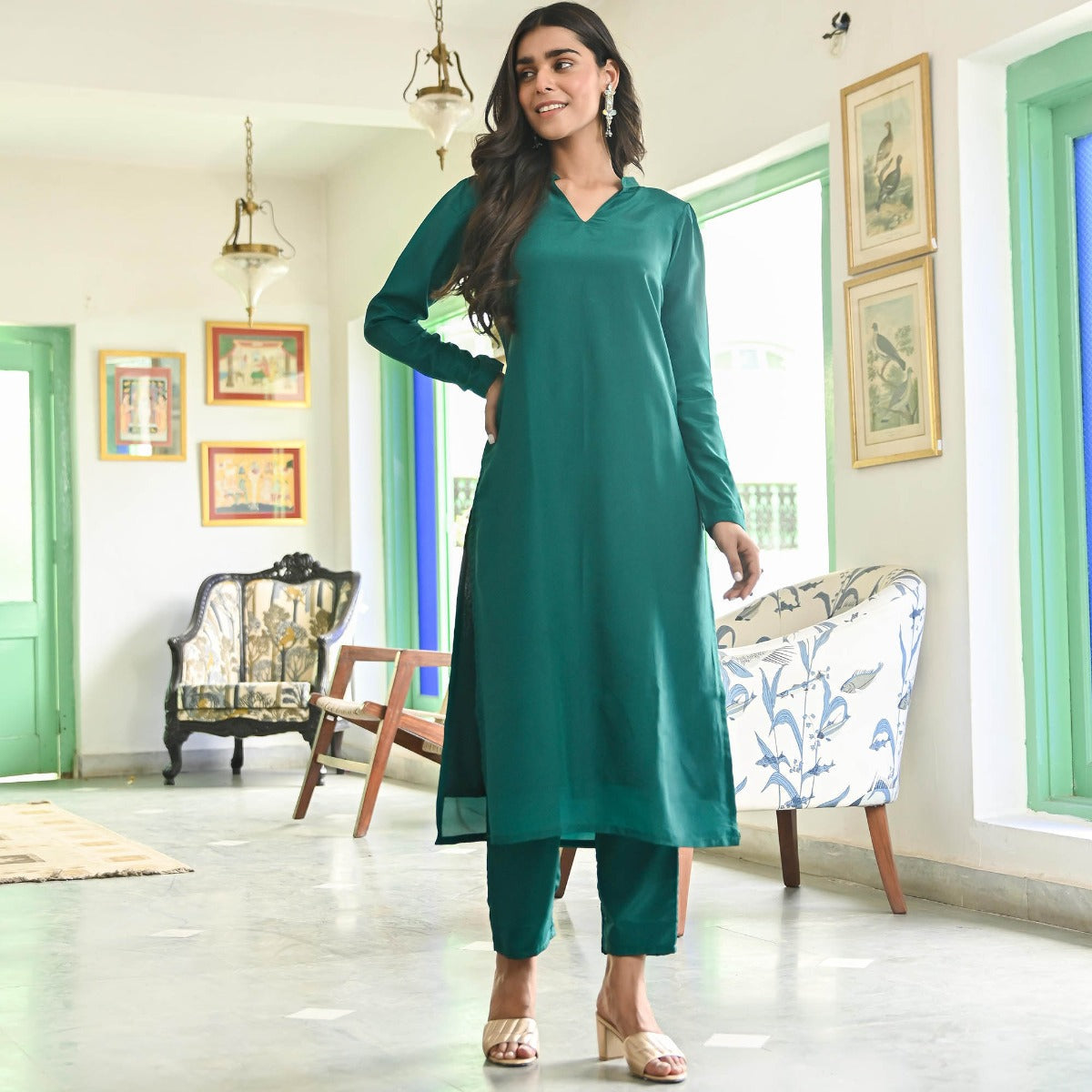 Green Silk Straight Kurta Set