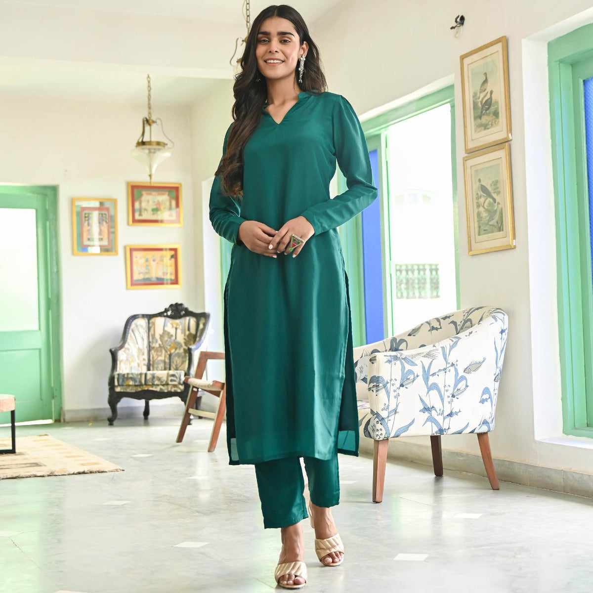 Green Silk Straight Kurta Set