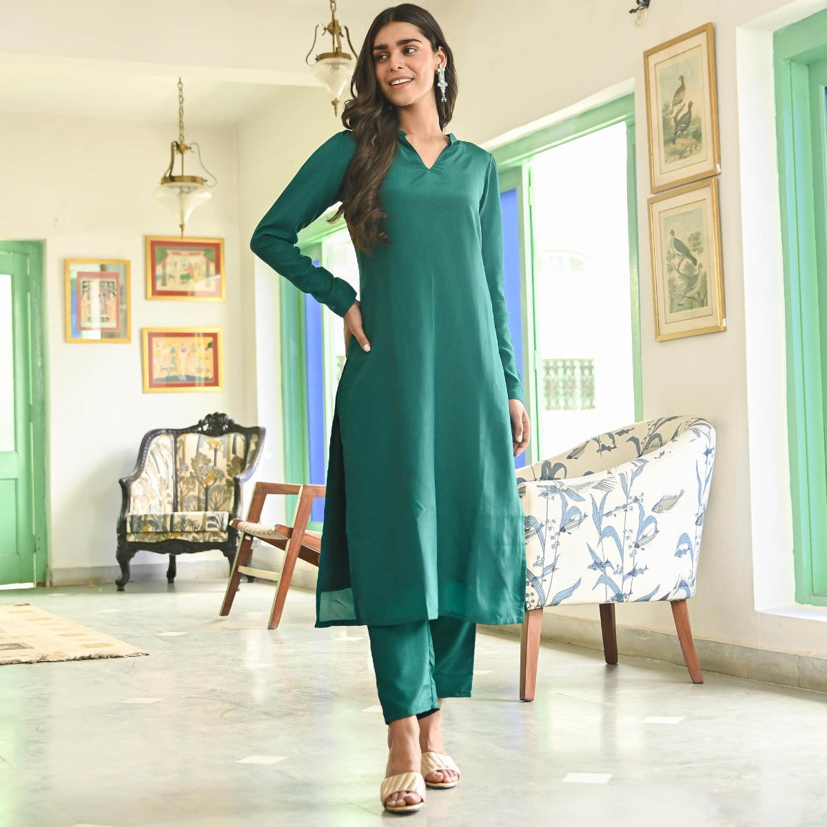 Green Silk Straight Kurta Set