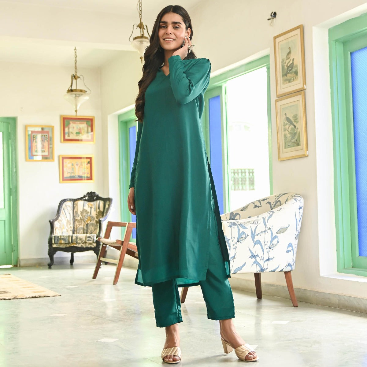 Green Silk Straight Kurta Set