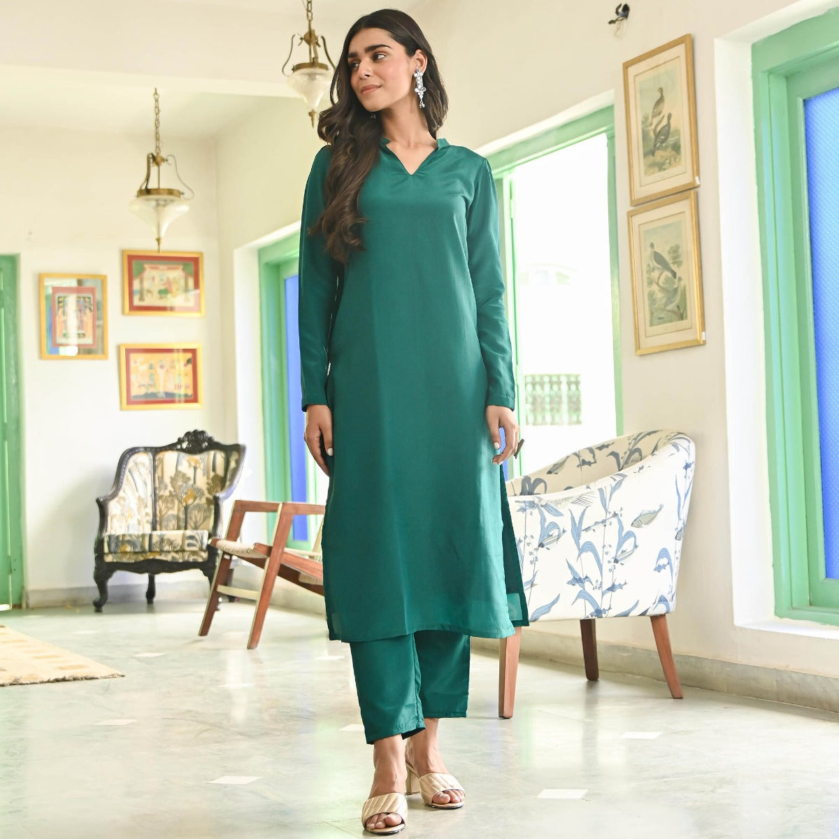 Green Silk Straight Kurta Set