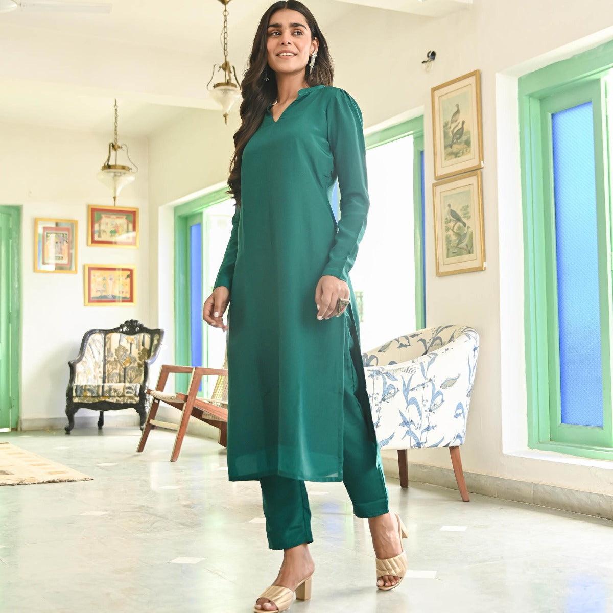 Green Silk Straight Kurta Set