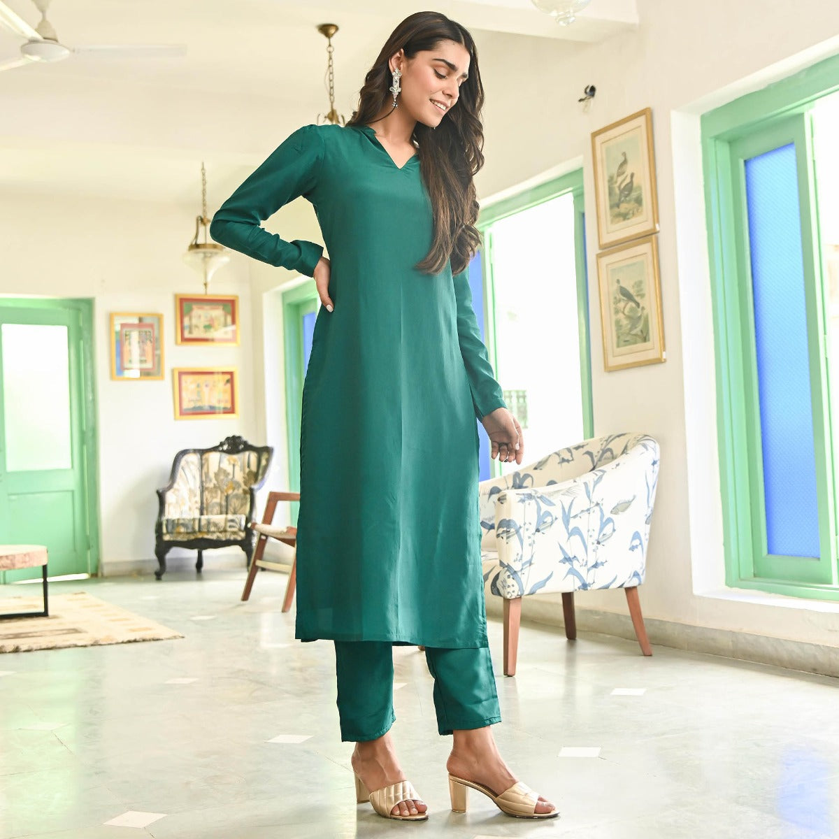 Green Silk Straight Kurta Set