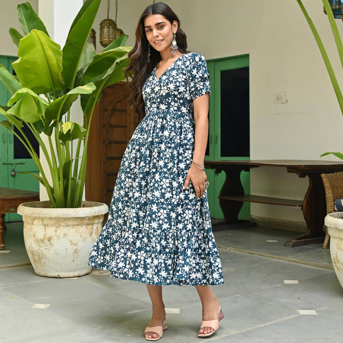 Blue Hand Printed Dress