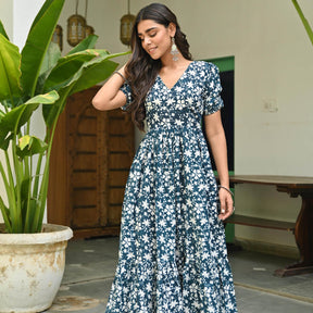 Blue Hand Printed Dress