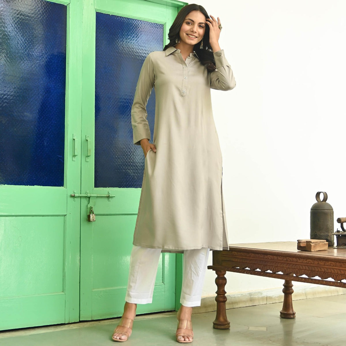 Grey Rayon Straight Kurta Set