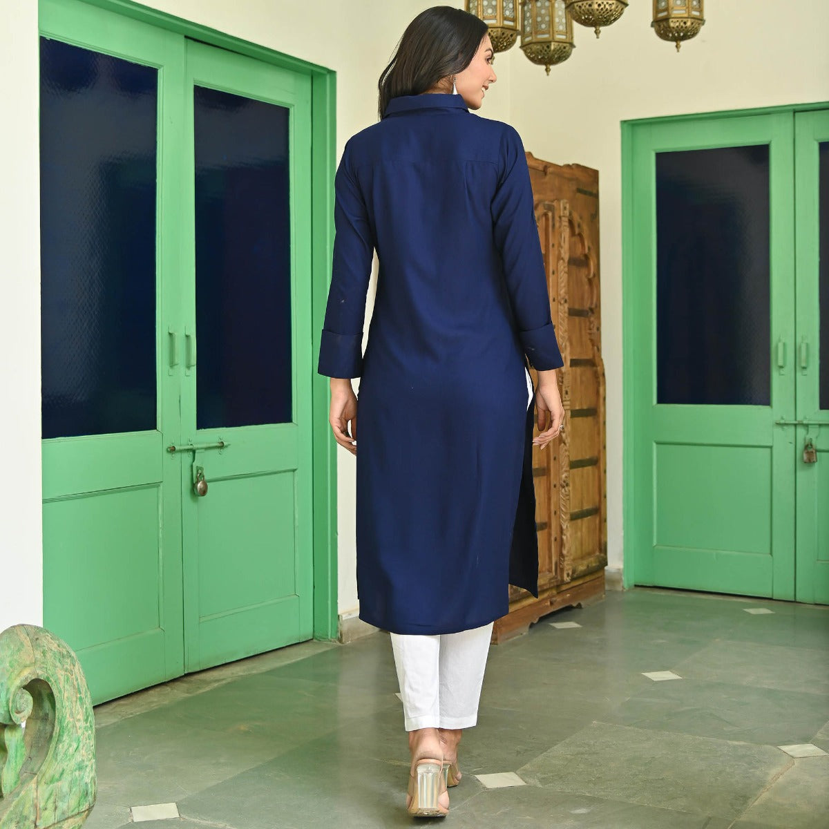 Blue Rayon Solid Kurta With White Pants