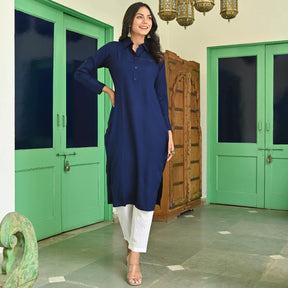 Blue Rayon Solid Kurta With White Pants