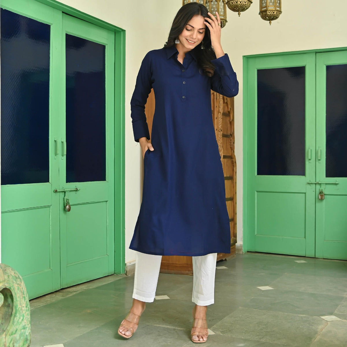 Blue Rayon Solid Kurta With White Pants