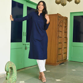 Blue Rayon Solid Kurta With White Pants