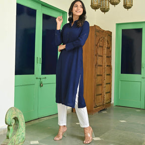 Blue Rayon Solid Kurta With White Pants