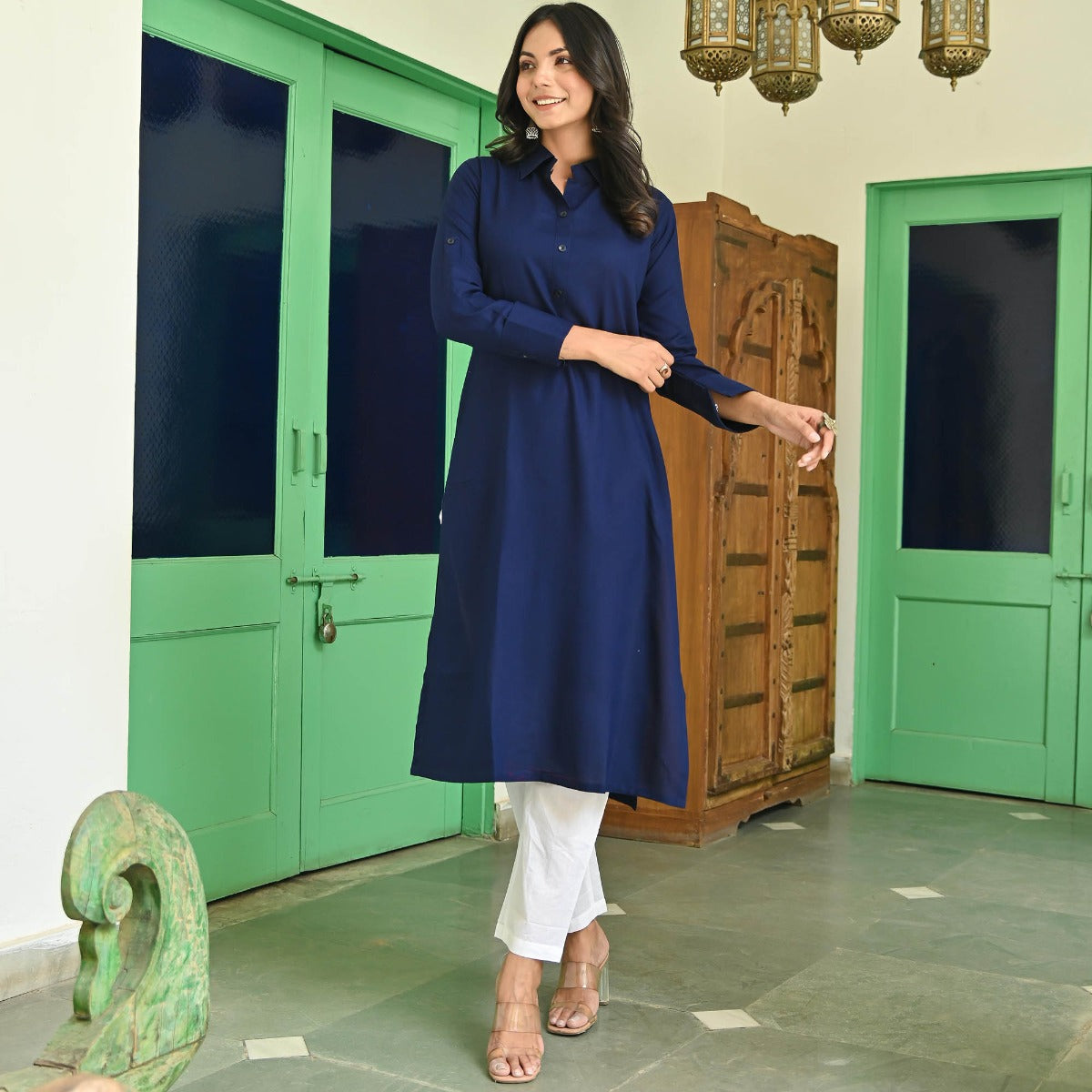 Blue Rayon Solid Kurta With White Pants