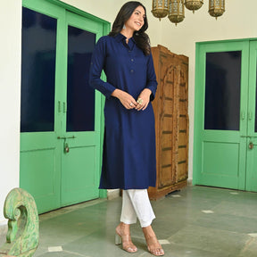 Blue Rayon Solid Kurta With White Pants