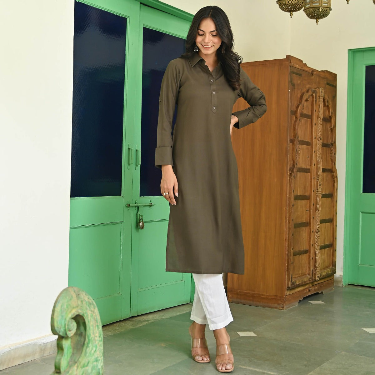 Dark Grey Rayon Kurta with White Pants