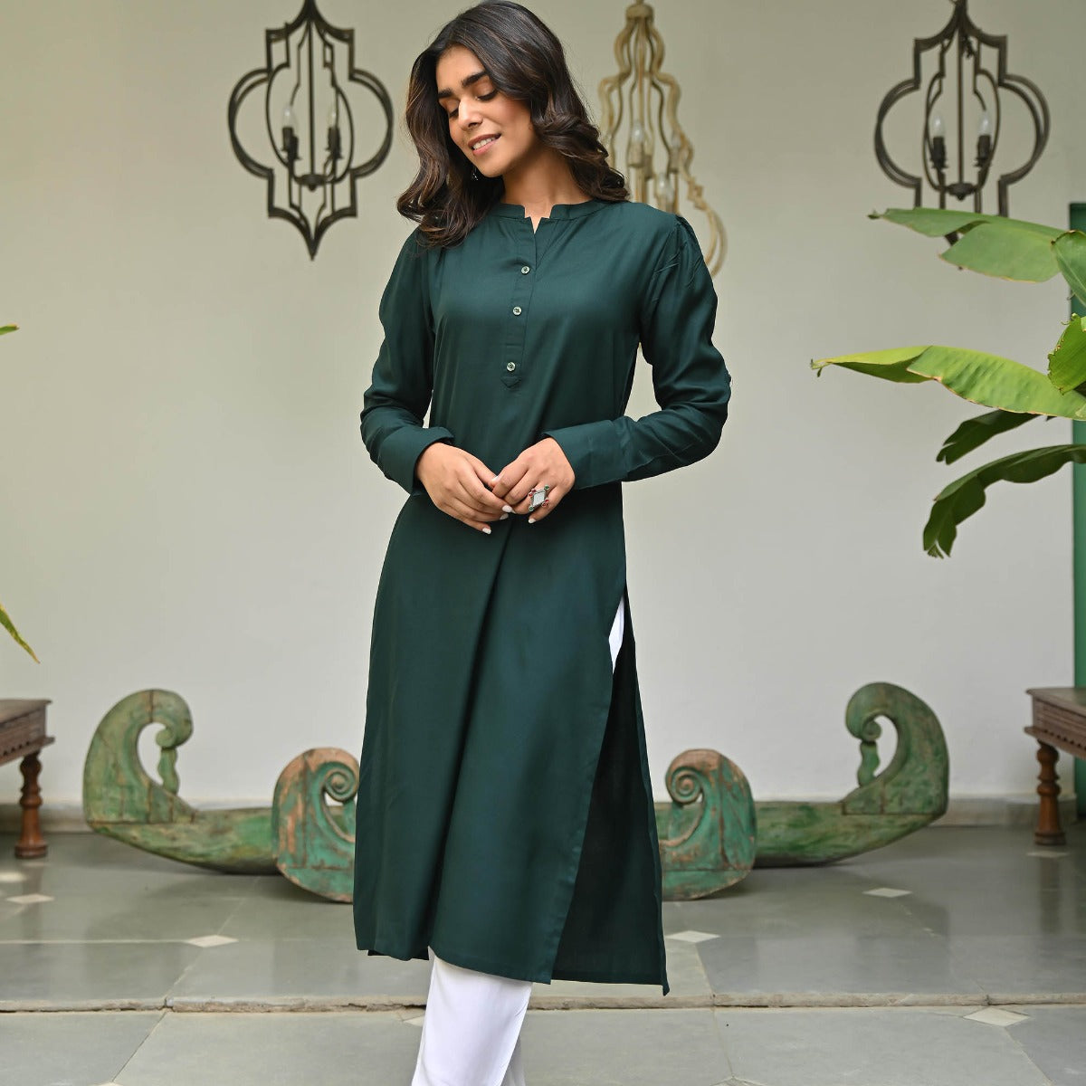 Green Rayon Solid Kurta with White Pants