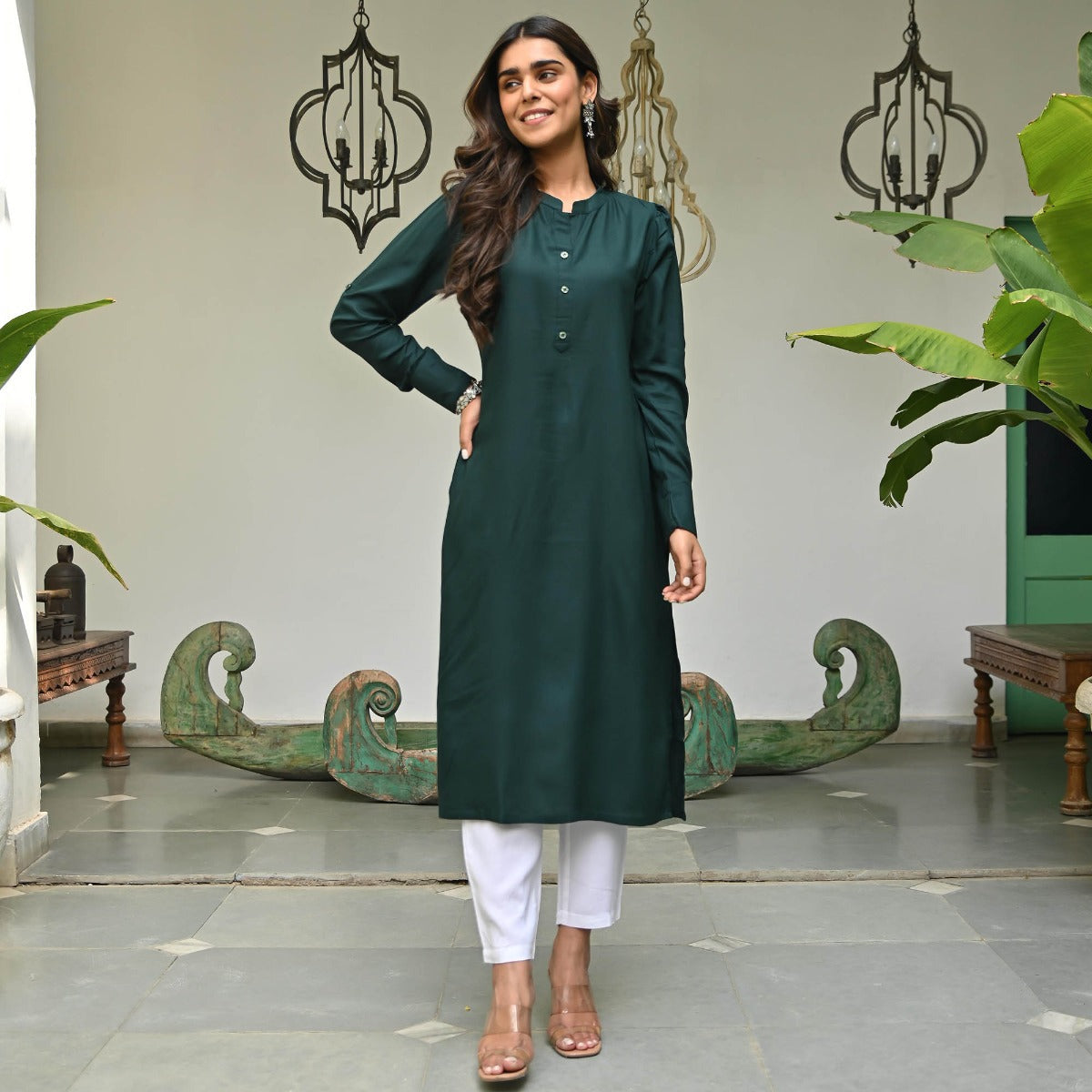 Green Rayon Solid Kurta with White Pants