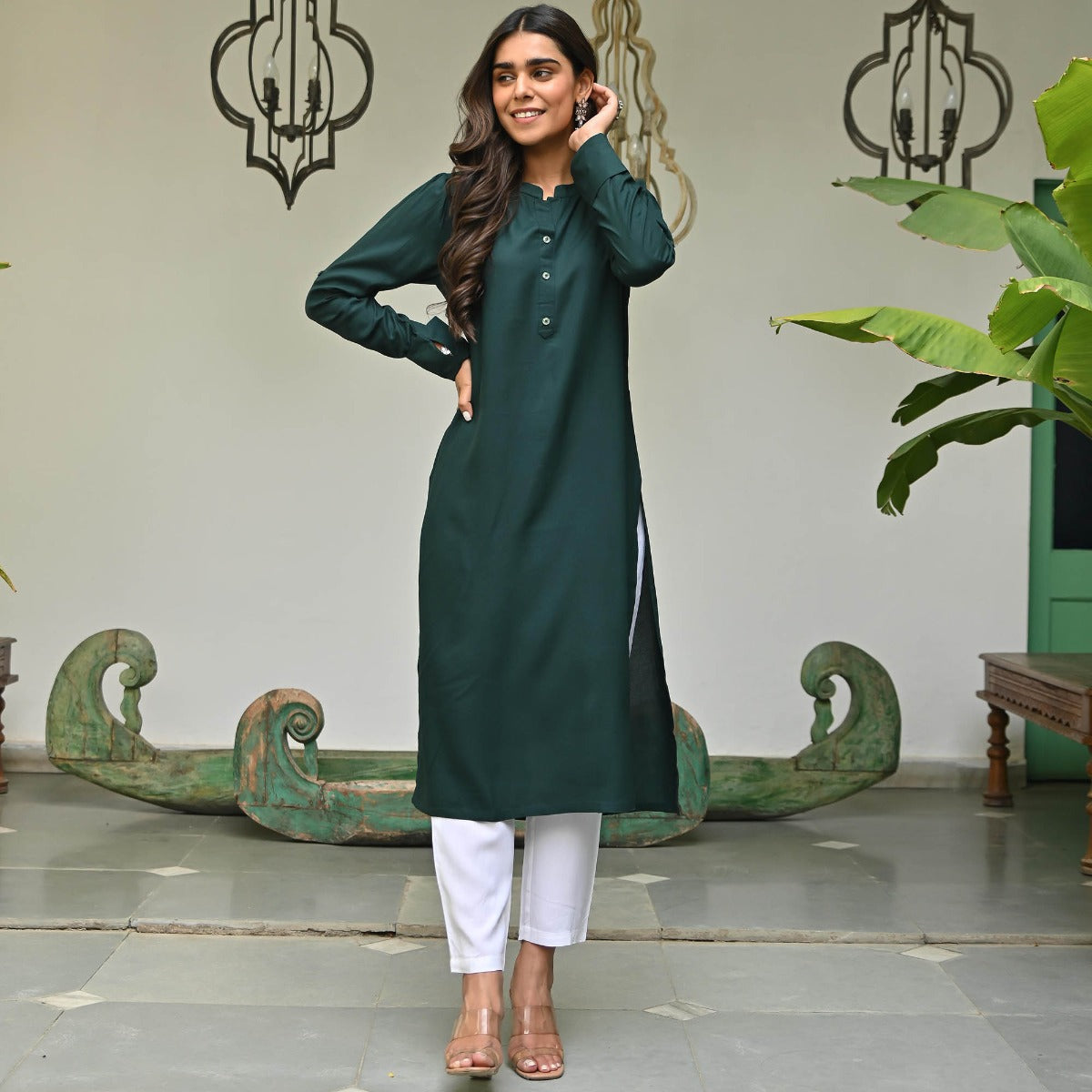 Green Rayon Solid Kurta with White Pants