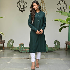 Green Rayon Solid Kurta with White Pants