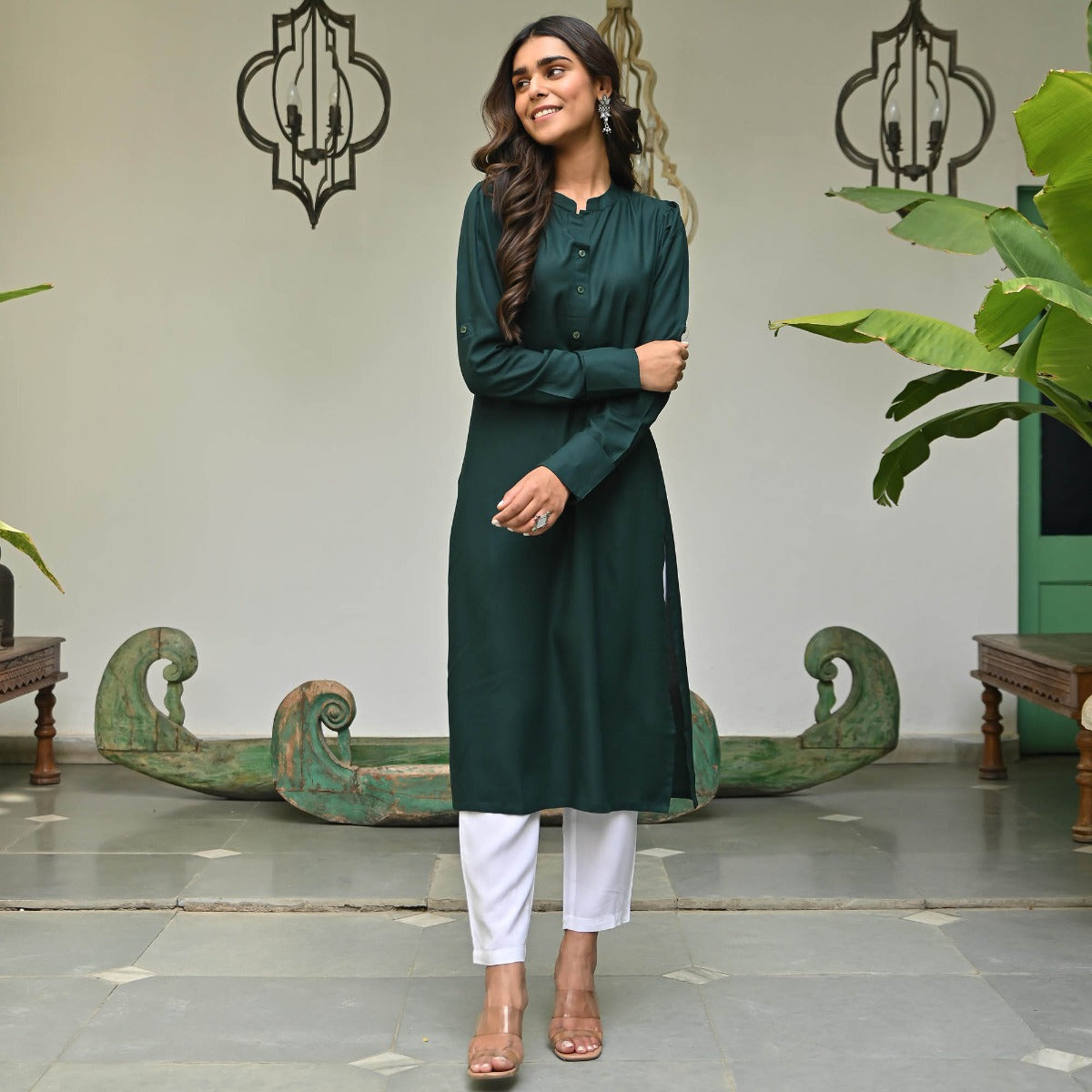 Green Rayon Solid Kurta with White Pants