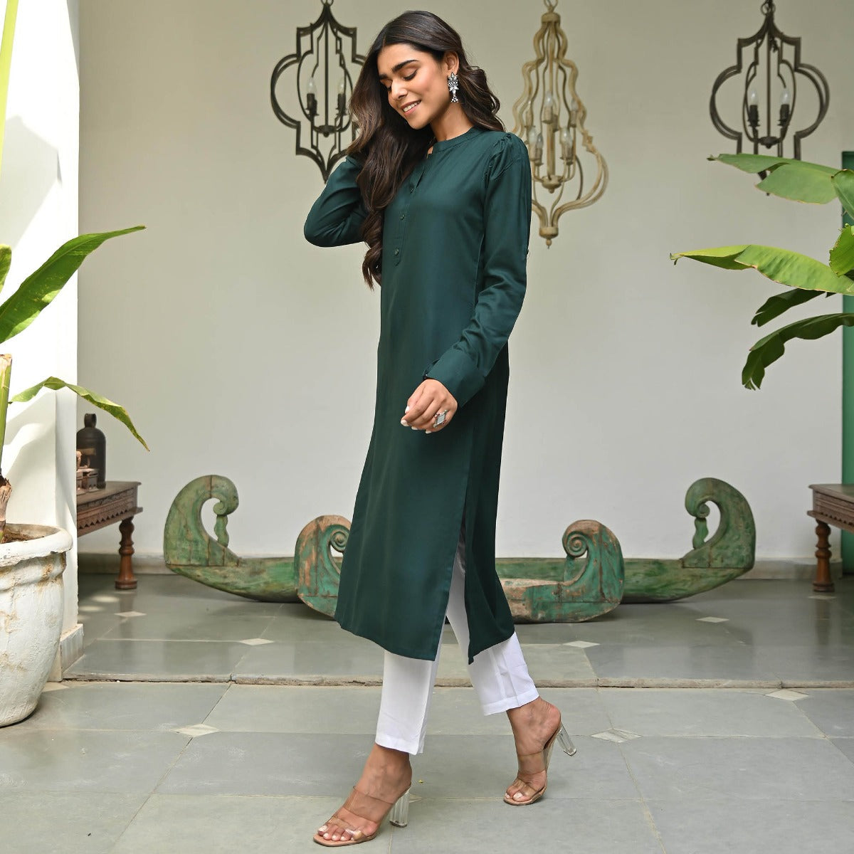 Green Rayon Solid Kurta with White Pants