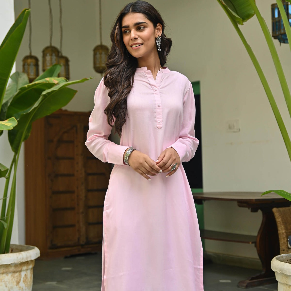 Pink Rayon Kurta With White Pants