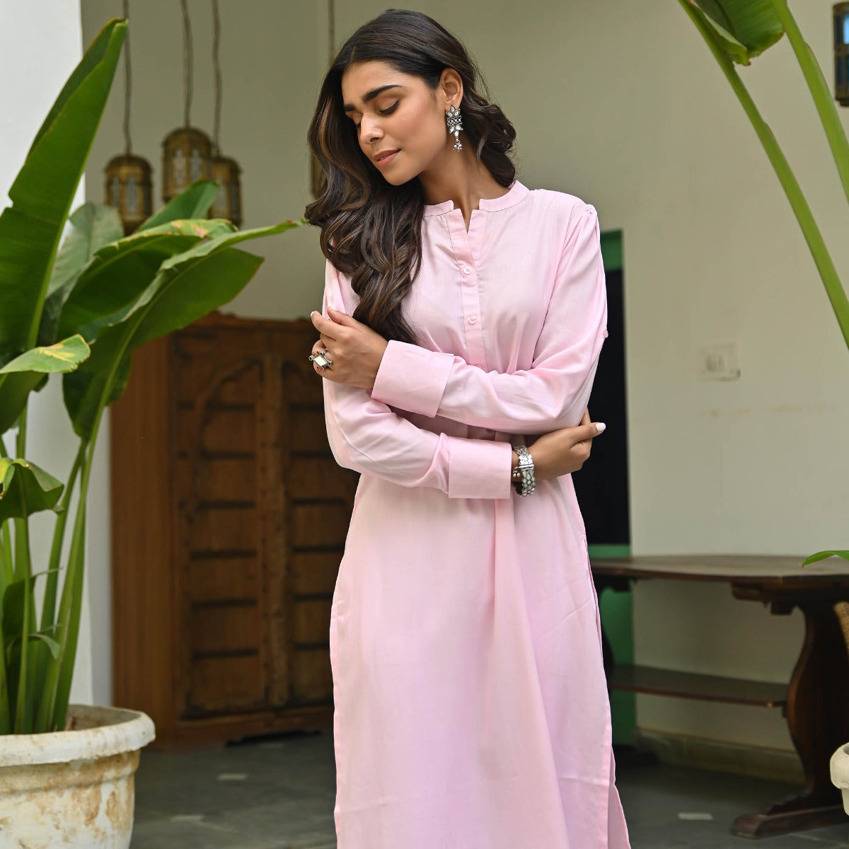 Pink Rayon Kurta With White Pants