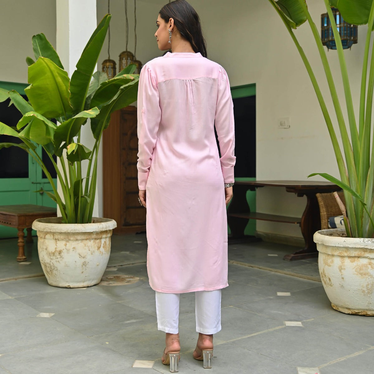 Pink Rayon Kurta With White Pants