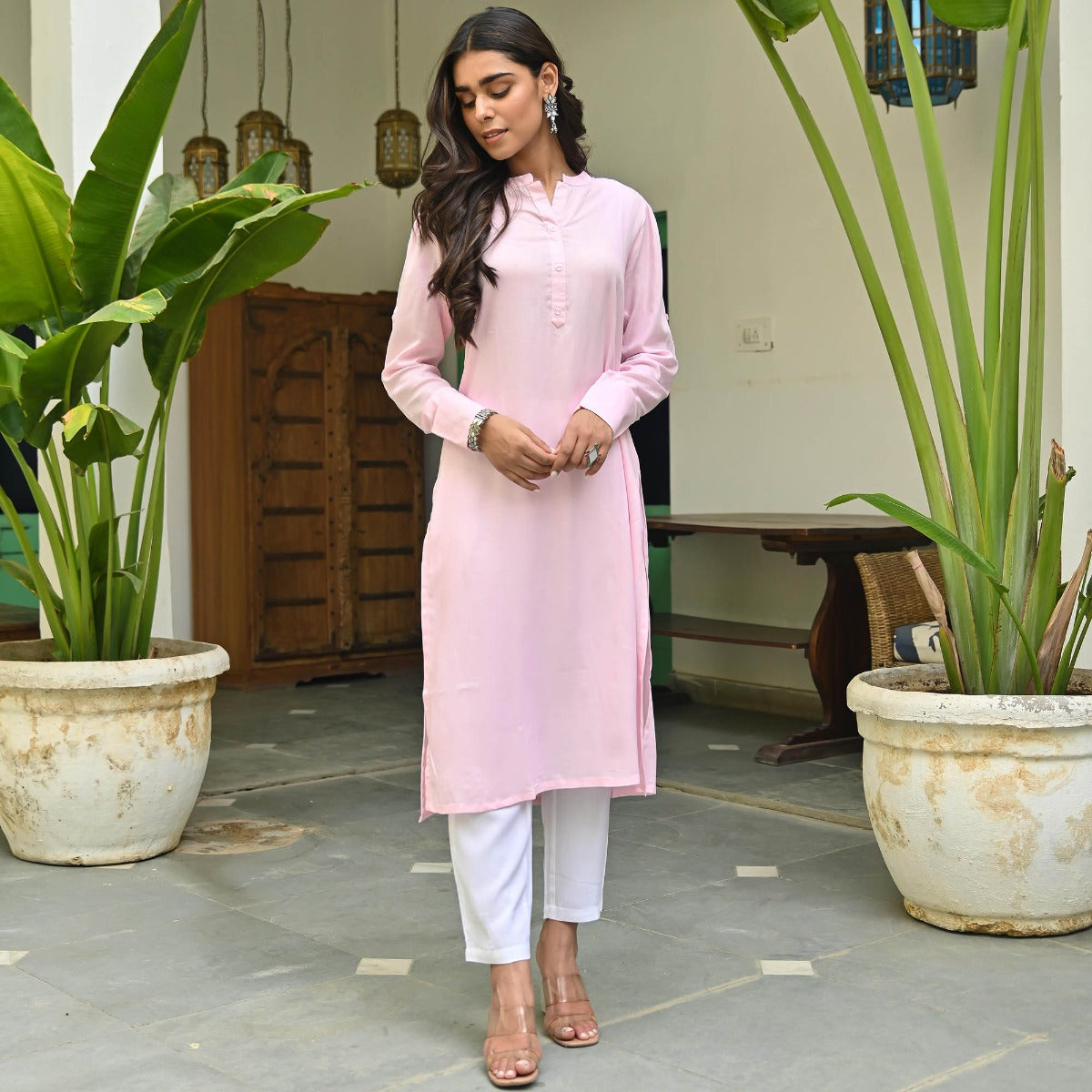 Pink Rayon Kurta With White Pants