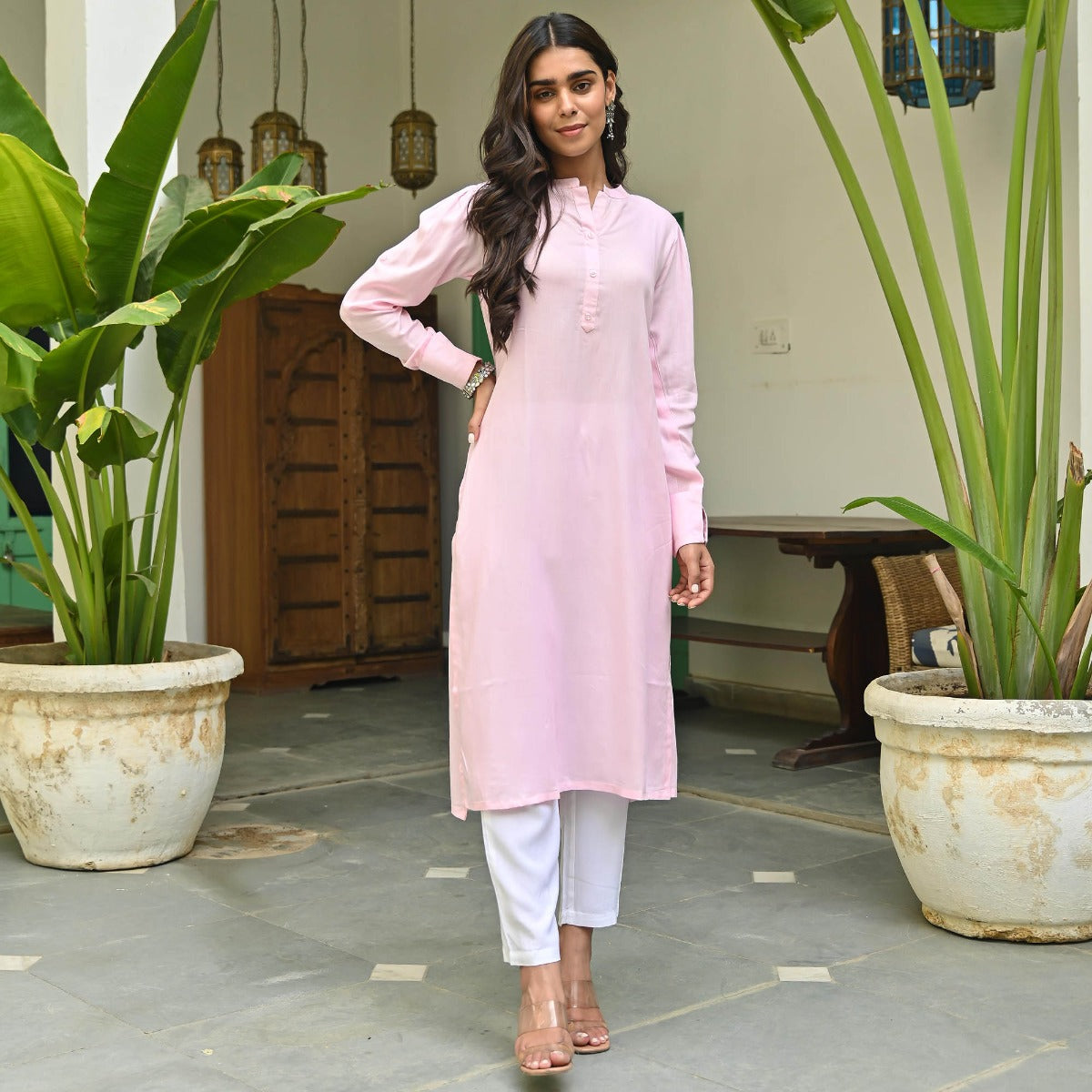 Pink Rayon Kurta With White Pants