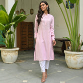 Pink Rayon Kurta With White Pants