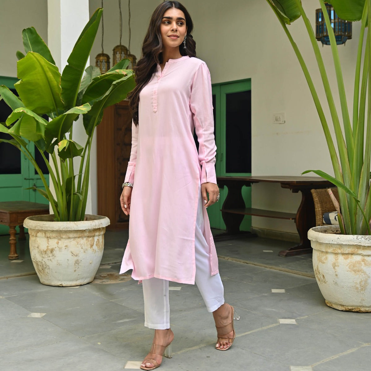 Pink Rayon Kurta With White Pants