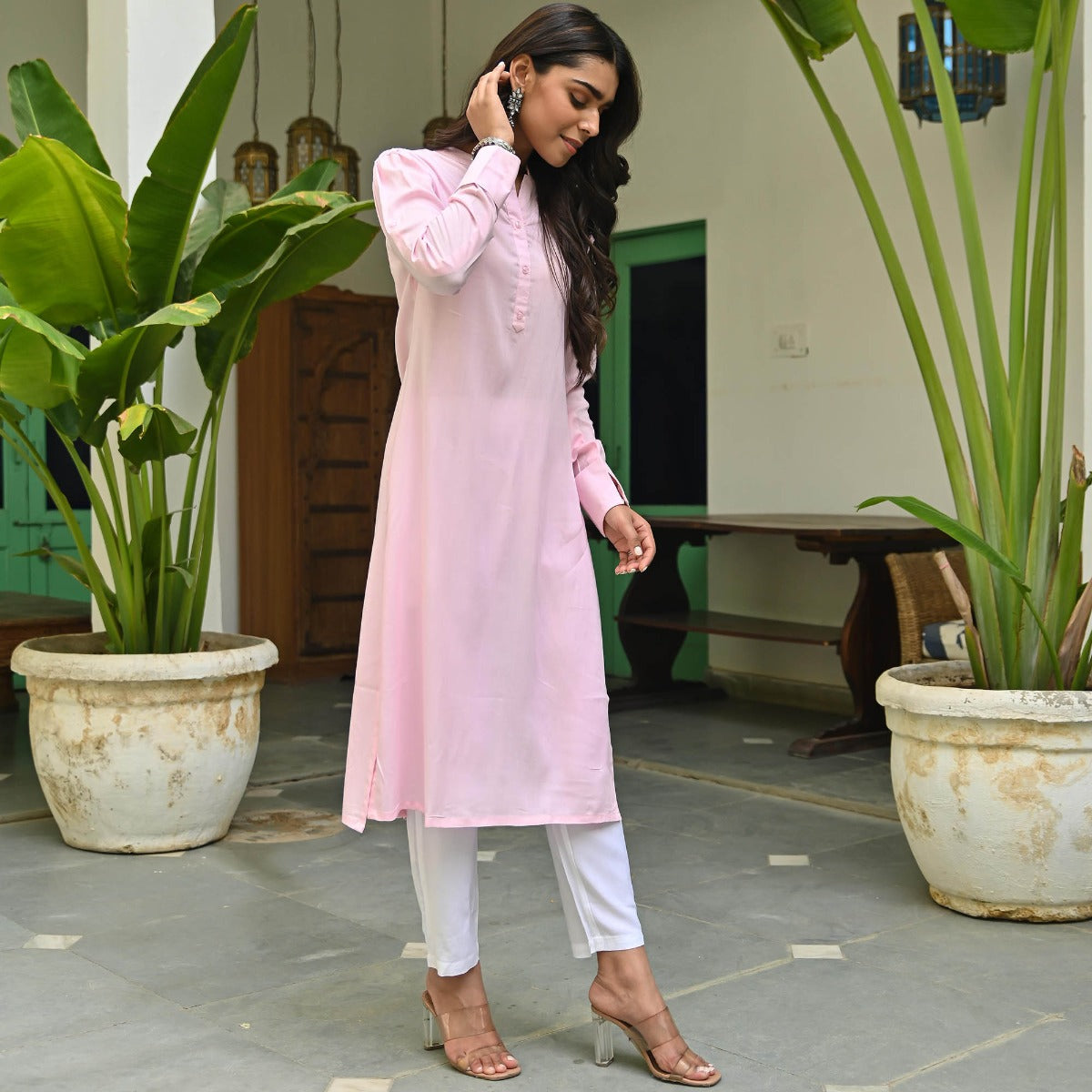 Pink Rayon Kurta With White Pants