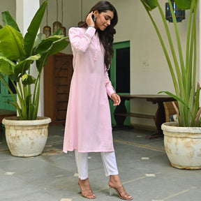 Pink Rayon Kurta With White Pants