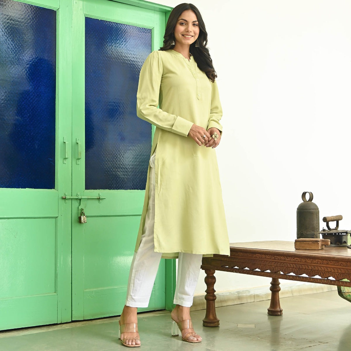 Light Green Rayon Kurta With White Pants