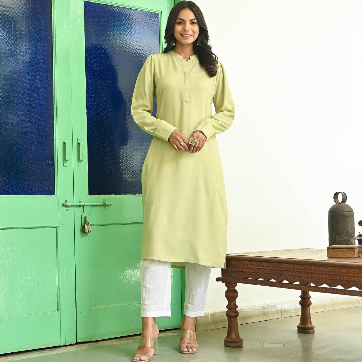 Light Green Rayon Kurta With White Pants